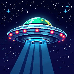 A detailed pixel art depiction of a UFO, designed in a 32x32 pixel grid