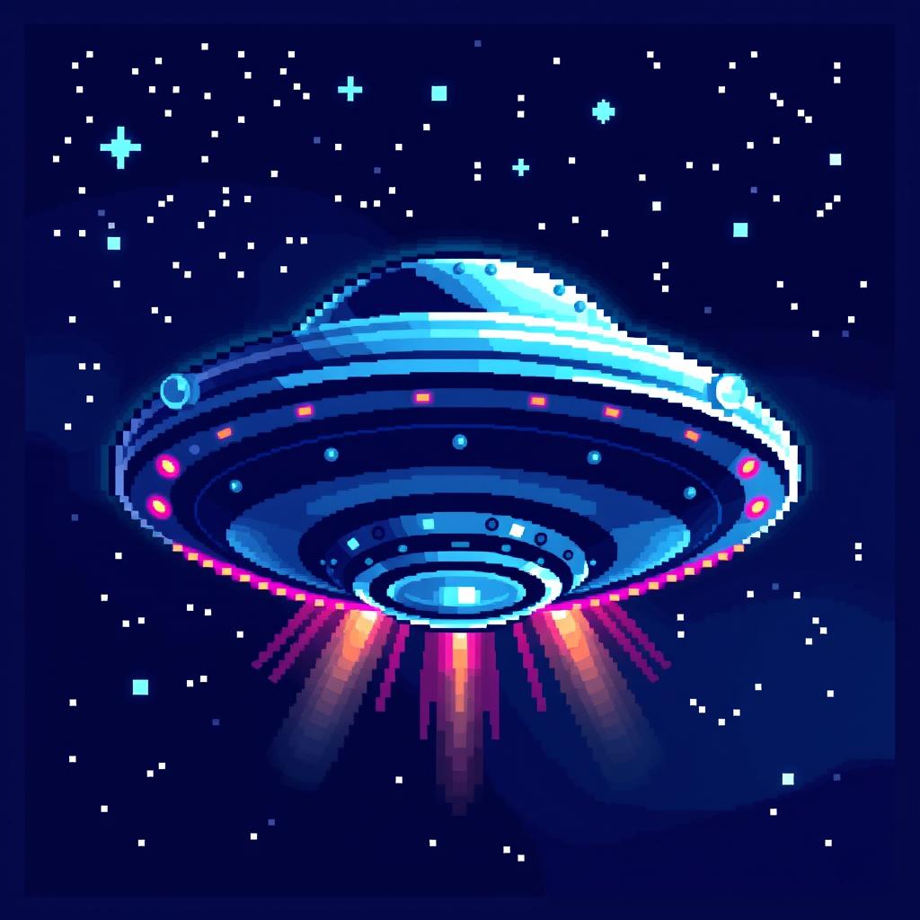 A detailed pixel art depiction of a UFO, designed in a 32x32 pixel grid