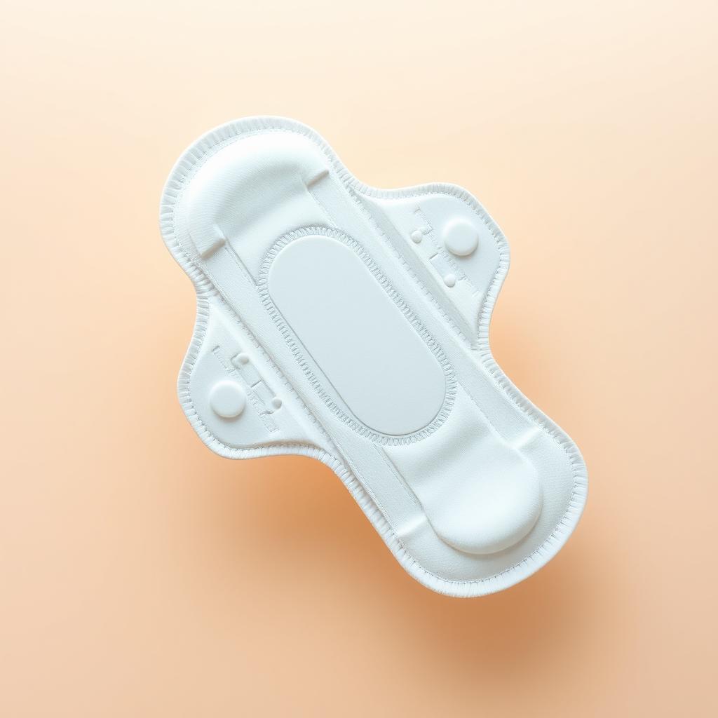 A large, prominently displayed sanitary pad with a sleek, modern design, placed against a soft beige background