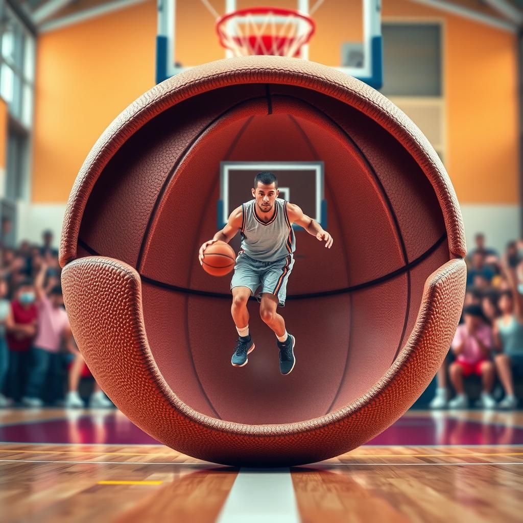 A vibrant scene featuring a split-open basketball, showcasing a detailed interior scene