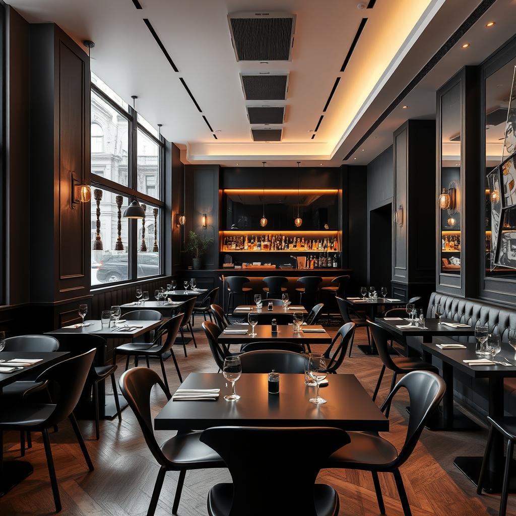 A modern restaurant design for a narrow space measuring 2