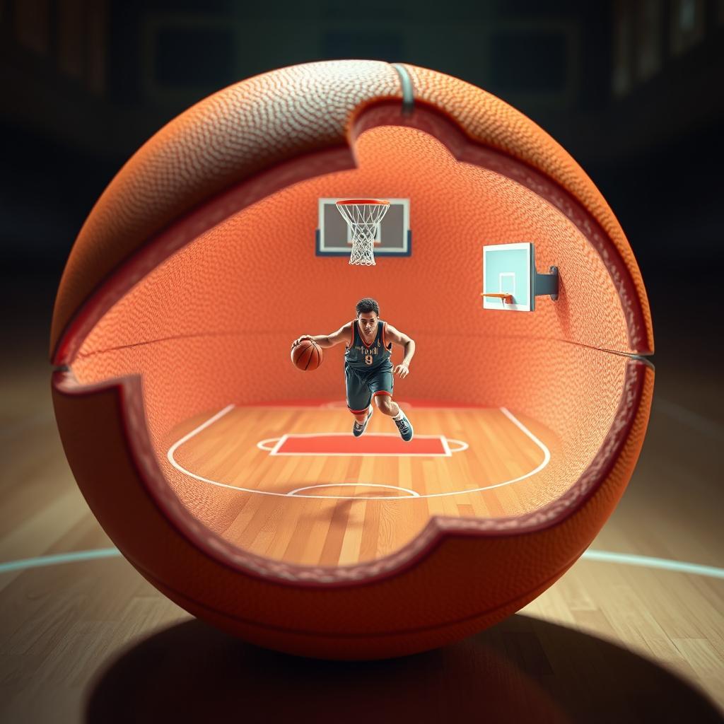 A surreal and imaginative scene depicting a basketball that is split open, revealing a detailed miniature world inside