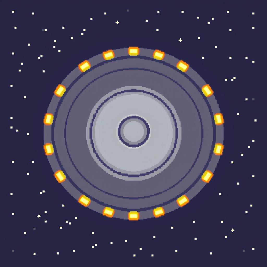 A pixel art representation of a UFO viewed from above, showcasing its circular shape with a domed top and bright, colorful lights around its edge