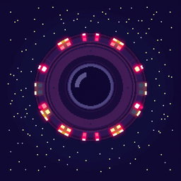 A pixel art representation of a UFO viewed from above, showcasing its circular shape with a domed top and bright, colorful lights around its edge