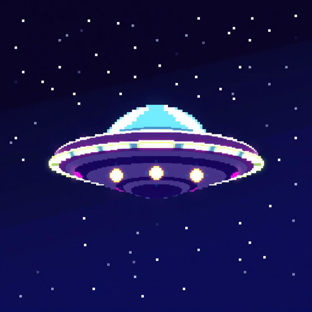 A pixel art representation of a UFO viewed from above, showcasing its circular shape with a domed top and bright, colorful lights around its edge