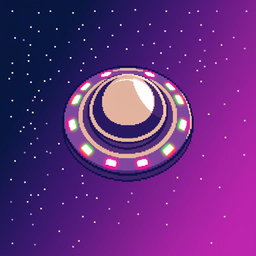 A pixel art representation of a UFO viewed from above, showcasing its circular shape with a domed top and bright, colorful lights around its edge