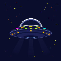 A pixel art representation of a UFO viewed from the front, showcasing its classic saucer shape with a bright, domed top and colorful lights along the rim
