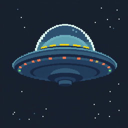 A pixel art representation of a UFO viewed from the front, showcasing its classic saucer shape with a bright, domed top and colorful lights along the rim