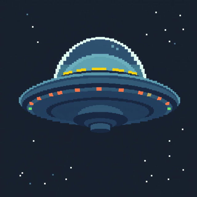 A pixel art representation of a UFO viewed from the front, showcasing its classic saucer shape with a bright, domed top and colorful lights along the rim