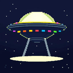 A pixel art representation of a UFO viewed from the front, showcasing its classic saucer shape with a bright, domed top and colorful lights along the rim