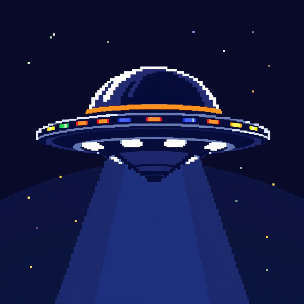 A pixel art representation of a UFO viewed from the front, showcasing its classic saucer shape with a bright, domed top and colorful lights along the rim