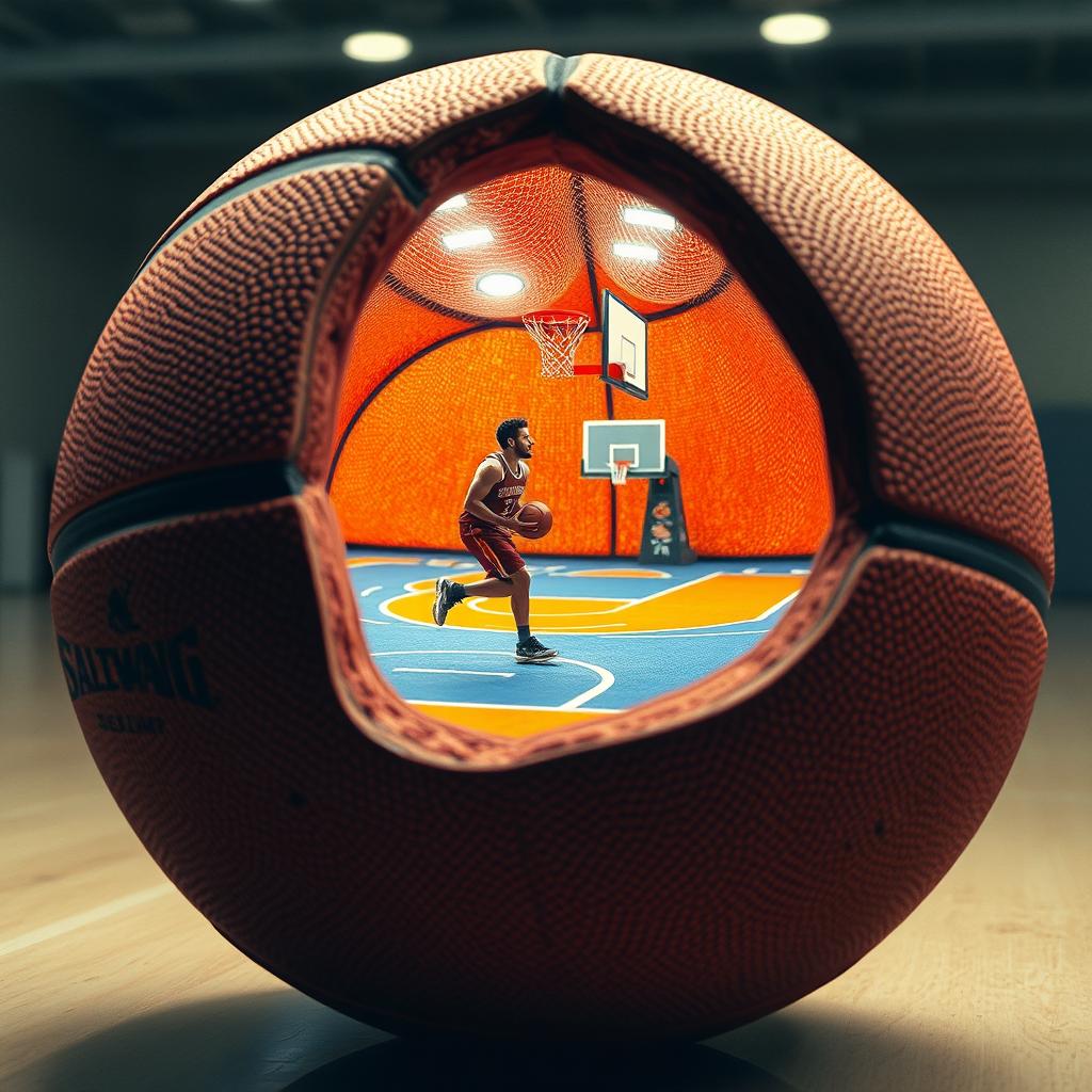 A detailed and imaginative scene featuring a basketball split open, showcasing a miniature world inside