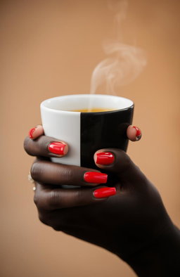 A close-up of a hand holding a coffee cup, the hand is elegantly manicured with glossy red nails