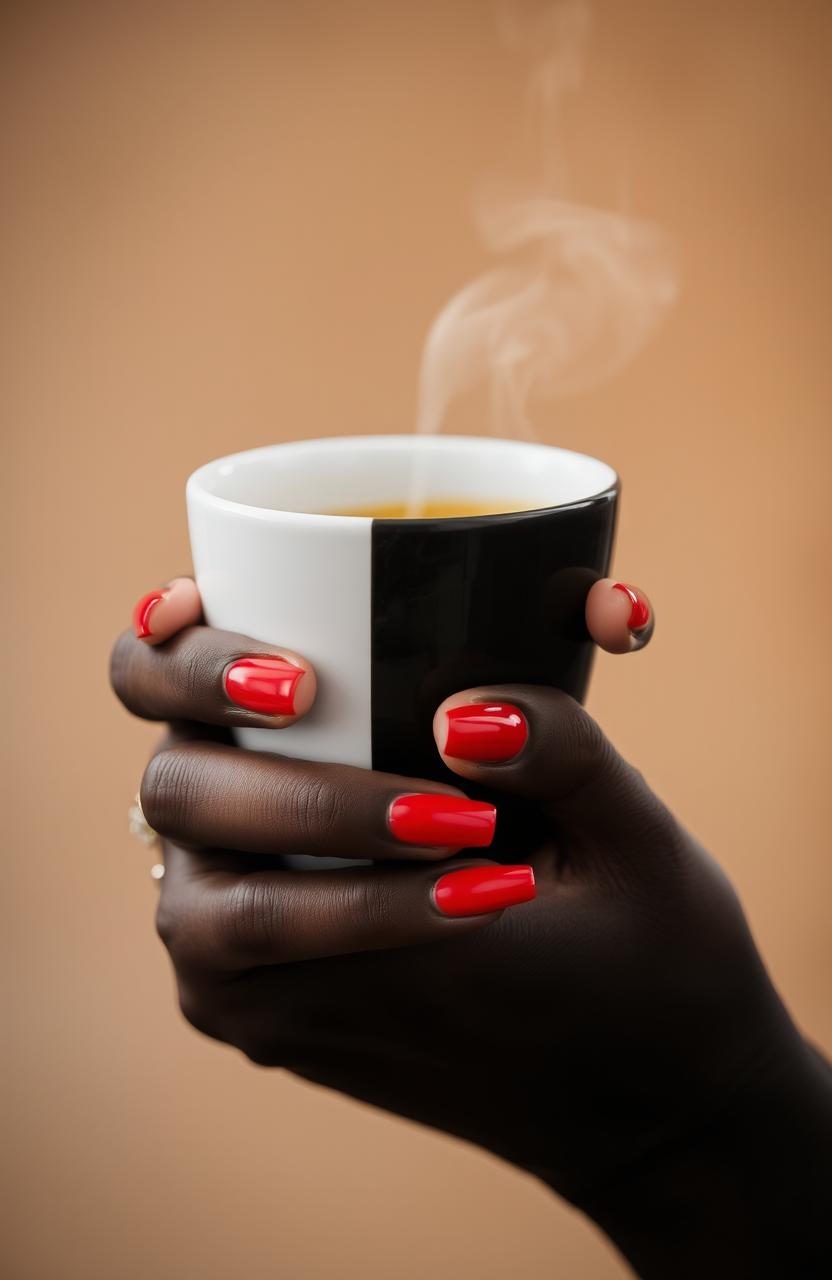 A close-up of a hand holding a coffee cup, the hand is elegantly manicured with glossy red nails
