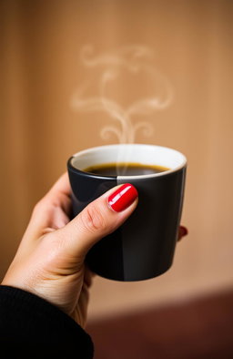 A close-up of a hand holding a coffee cup, the hand is elegantly manicured with glossy red nails