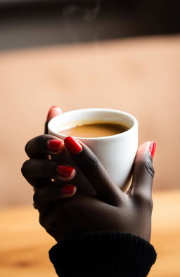A close-up of a hand holding a coffee cup, the hand is elegantly manicured with glossy red nails