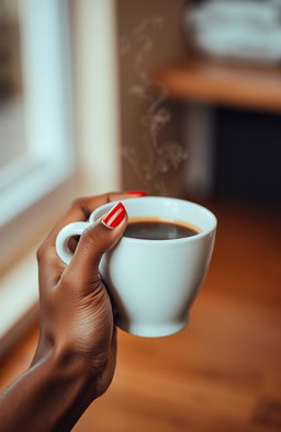 A close-up of a hand holding a coffee cup, the hand is elegantly manicured with glossy red nails