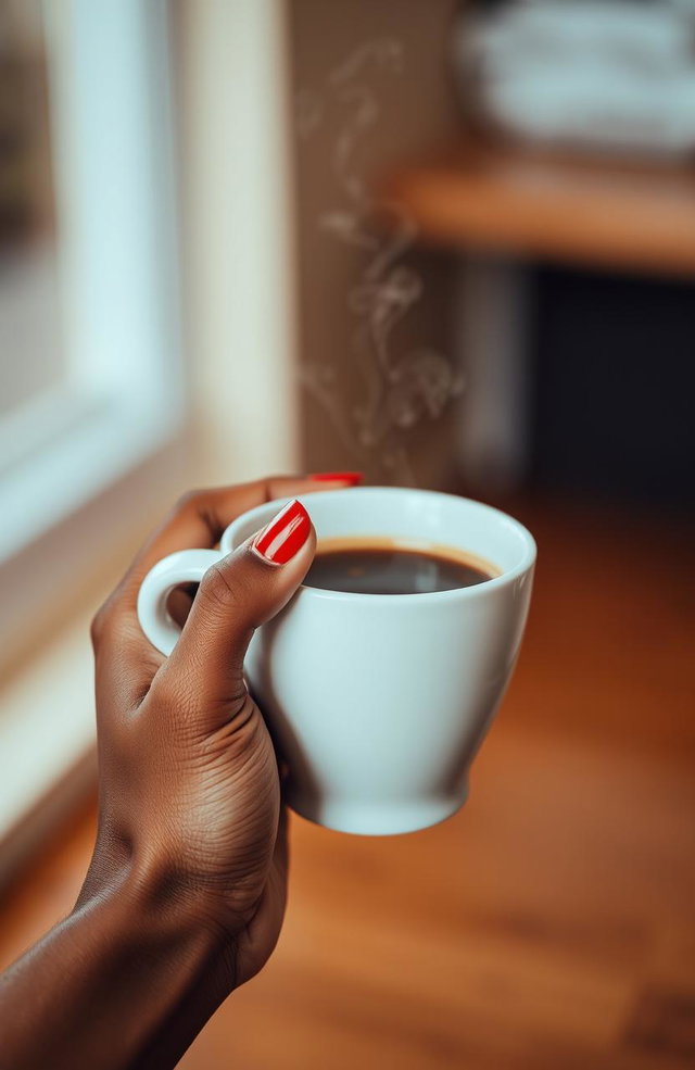 A close-up of a hand holding a coffee cup, the hand is elegantly manicured with glossy red nails