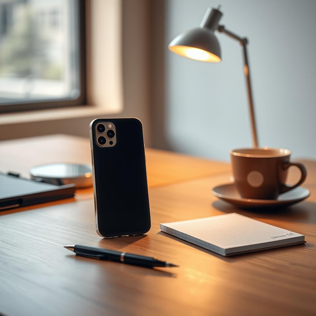 A beautiful high-resolution image of a sleek modern workspace featuring an iPhone 12