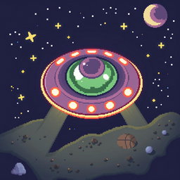 A top-down view pixel art depiction of a UFO, designed in a 32x32 pixel format