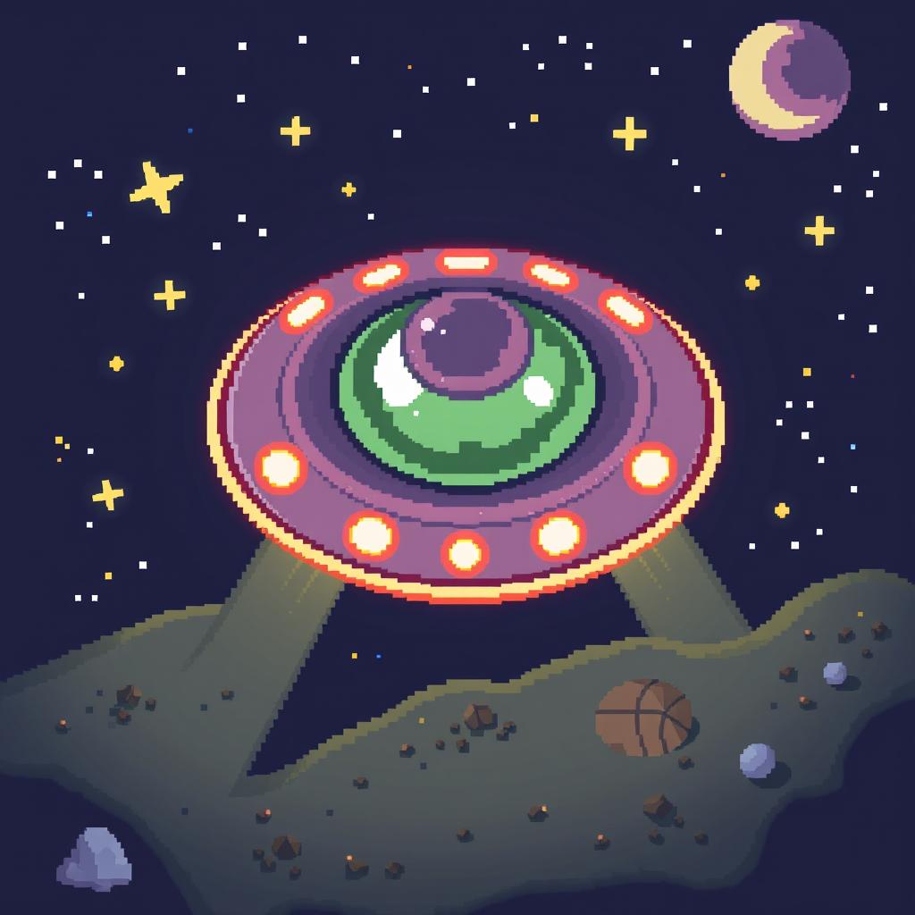 A top-down view pixel art depiction of a UFO, designed in a 32x32 pixel format
