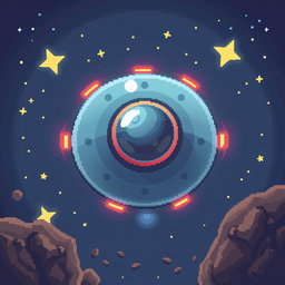 A top-down view pixel art depiction of a UFO, designed in a 32x32 pixel format