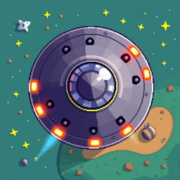 A top-down view pixel art depiction of a UFO, designed in a 32x32 pixel format