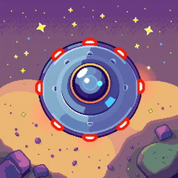 A top-down view pixel art depiction of a UFO, designed in a 32x32 pixel format