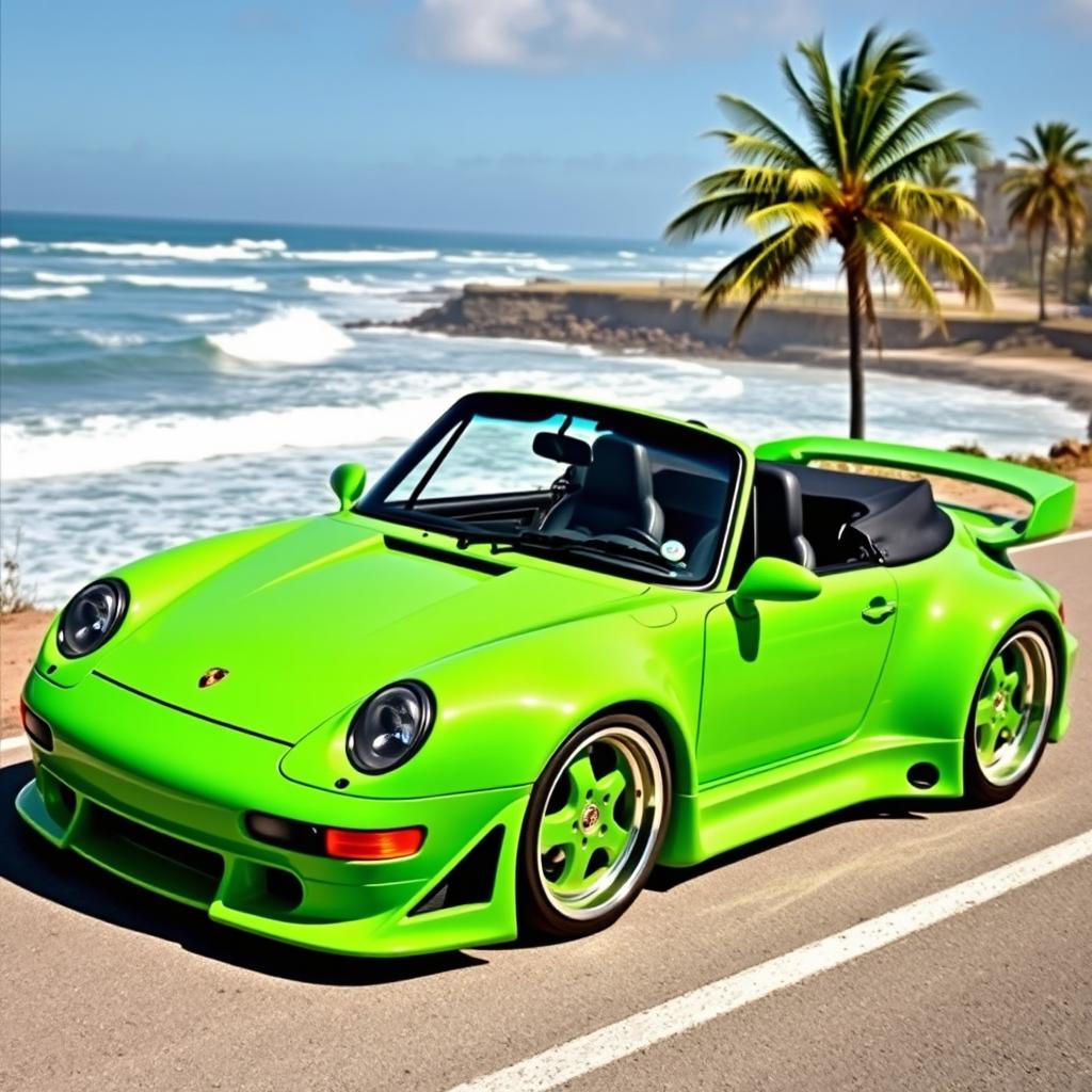 A breathtaking 1998 Porsche 911 Cabriolet featuring a wide body kit, showcased in a vibrant green color