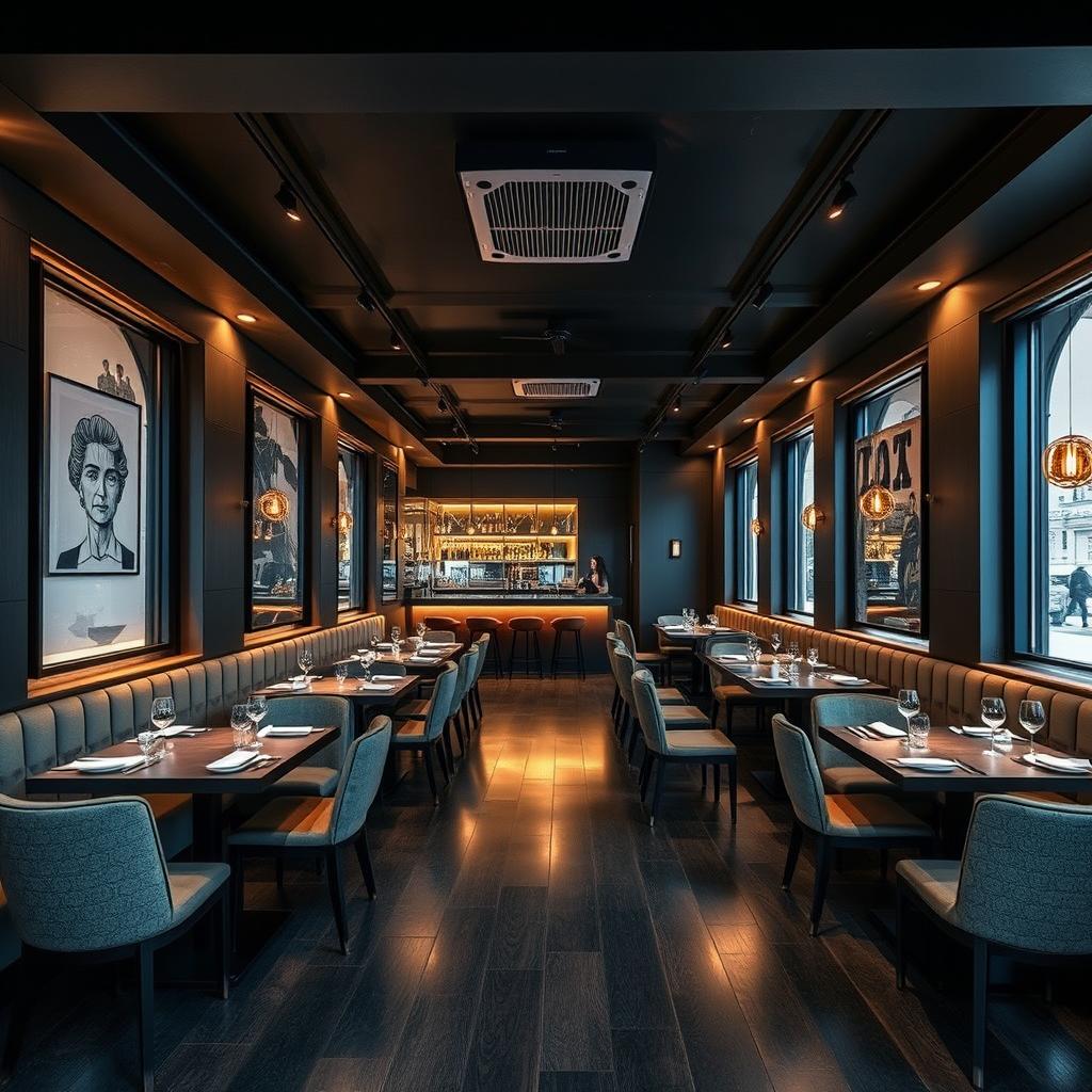 A stylish restaurant interior designed for a long and narrow space measuring 2