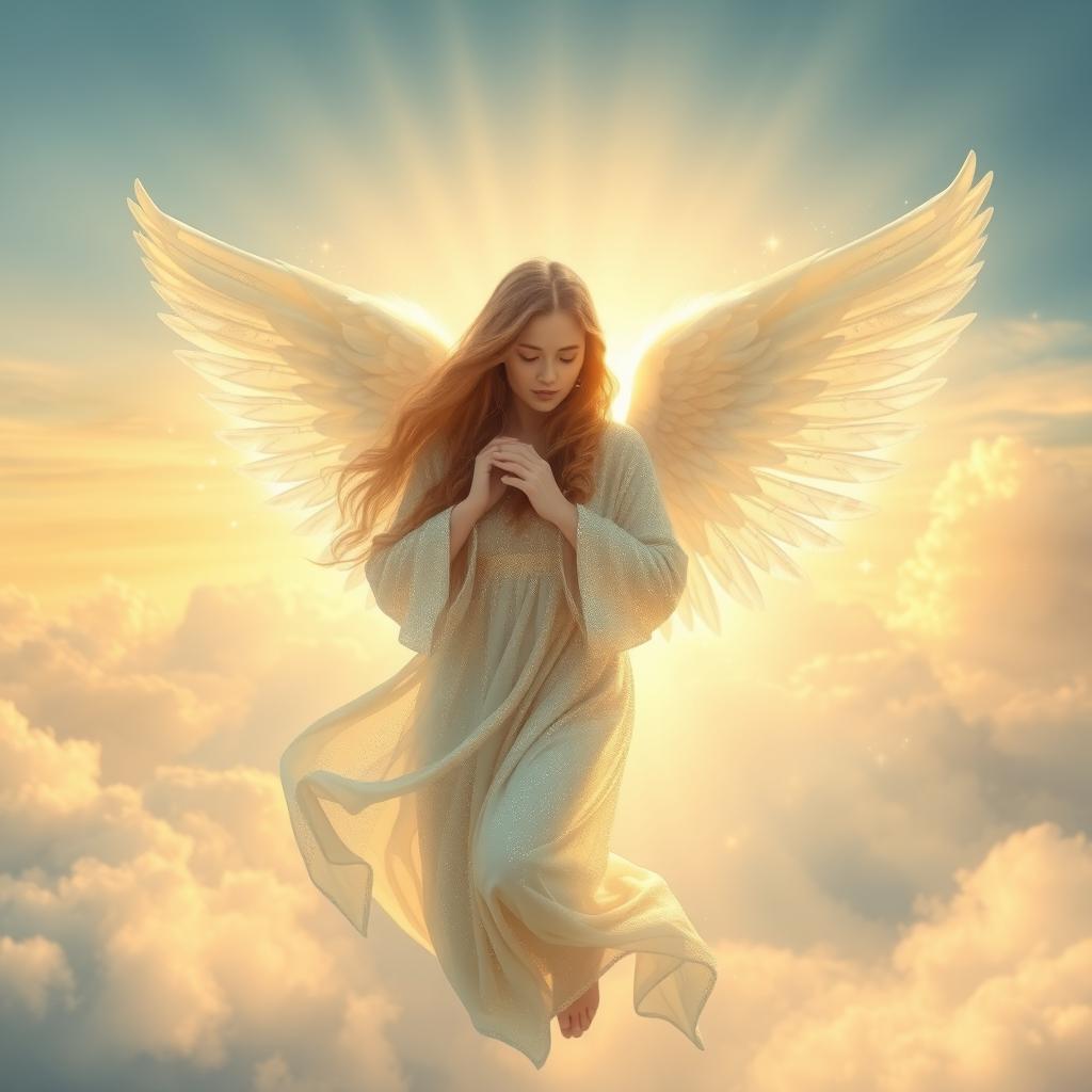 A divine angel with ethereal wings, gracefully descending from the heavens