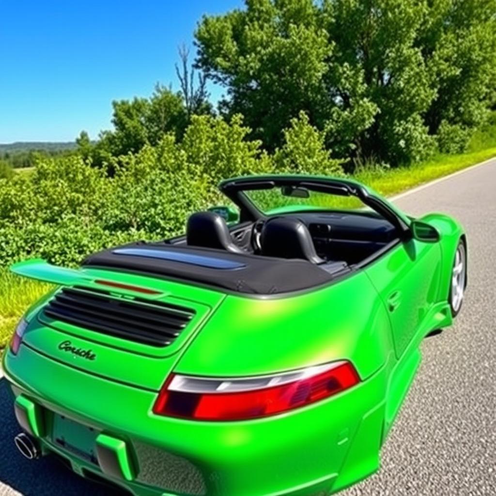 A striking 1999 Porsche 911 Cabriolet featuring a wide body kit, showcased in a unique green glass bottle color