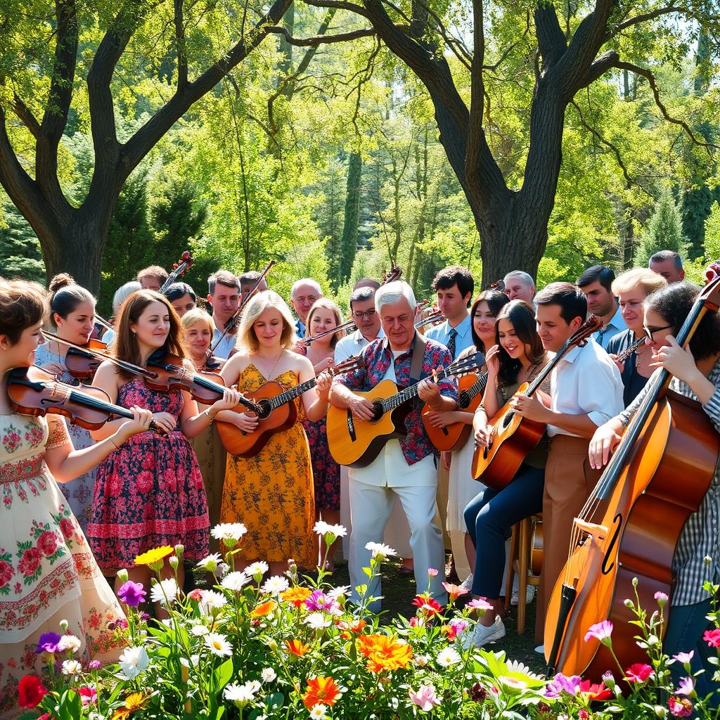 A large, beautiful group of musicians playing various instruments, set in a vibrant outdoor setting during a sunny day