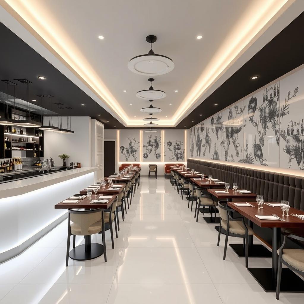 A stylish restaurant interior designed for a long and narrow space measuring 2