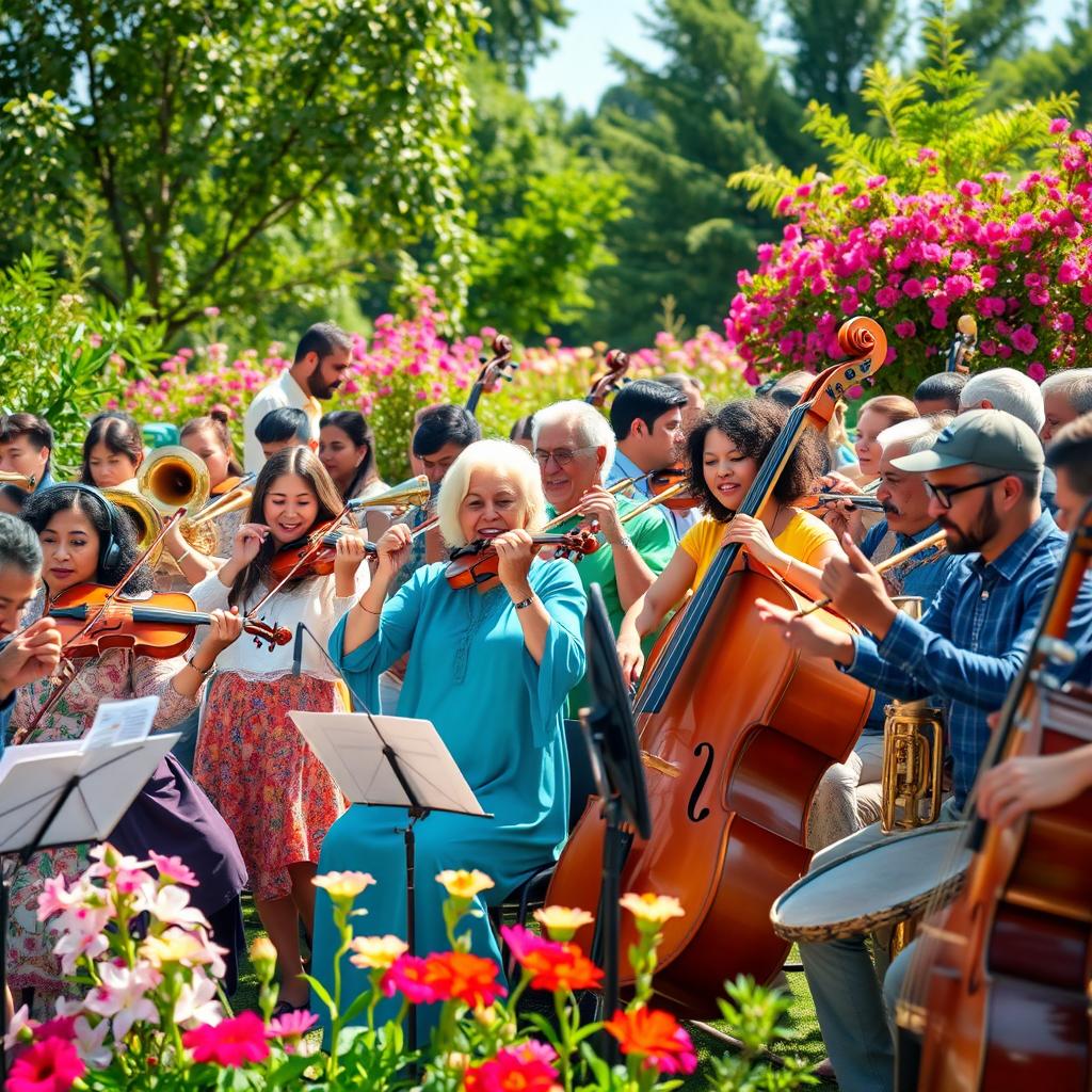 A large, beautiful group of musicians playing various instruments, set in a vibrant outdoor environment during a sunny day