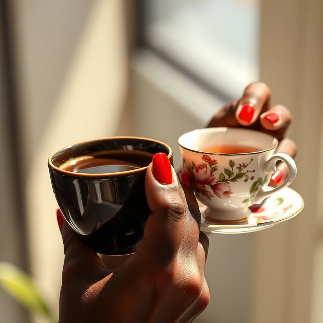 A close-up shot featuring a beautiful black woman's hand with striking red nails delicately holding a cup of coffee and a cup of tea