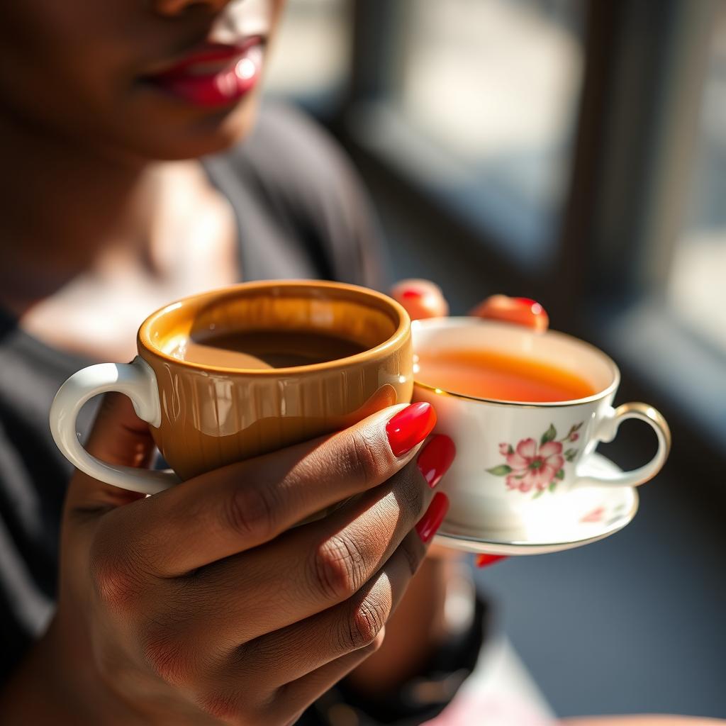 A close-up shot featuring a beautiful black woman's hand with striking red nails delicately holding a cup of coffee and a cup of tea