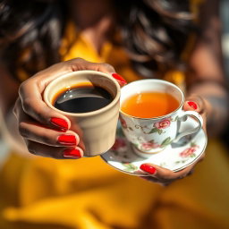 A close-up shot featuring a beautiful black woman's hand with striking red nails delicately holding a cup of coffee and a cup of tea