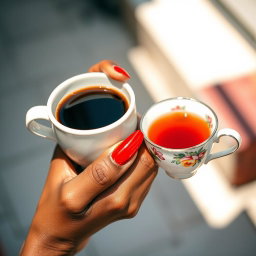 A close-up shot featuring a beautiful black woman's hand with striking red nails delicately holding a cup of coffee and a cup of tea