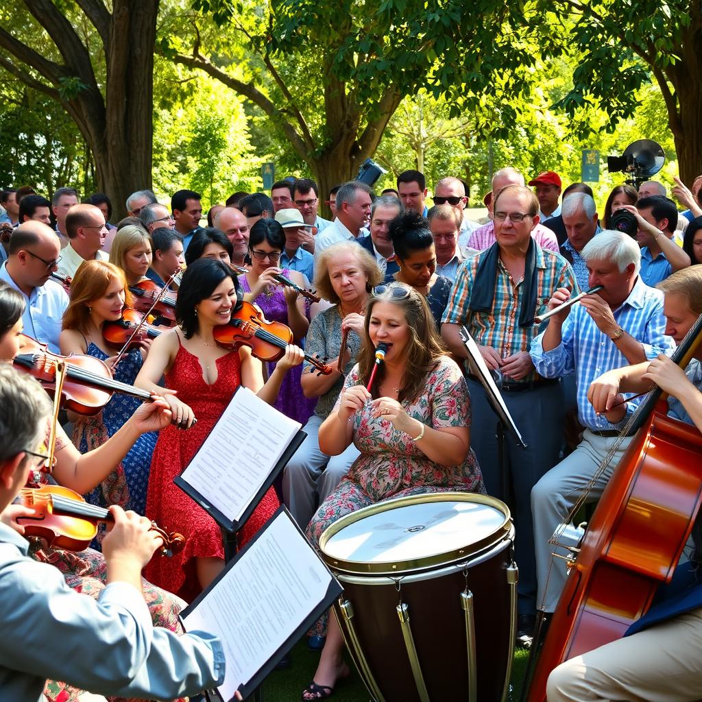 A large and beautiful group of musicians playing various musical instruments together in a vibrant outdoor setting