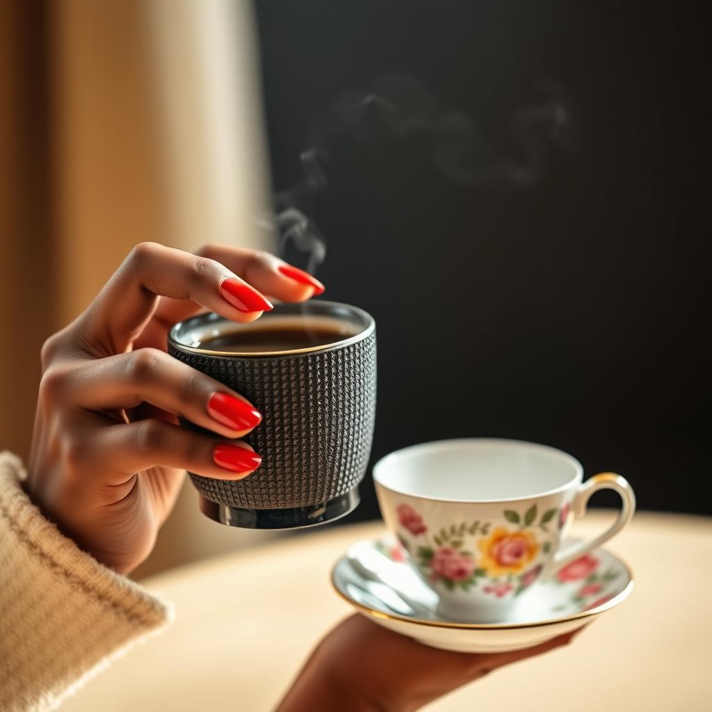 A beautifully composed image featuring a close-up of a black woman's hand with striking red nails gracefully holding a steaming cup of coffee and a delicate teacup