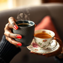 A beautifully composed image featuring a close-up of a black woman's hand with striking red nails gracefully holding a steaming cup of coffee and a delicate teacup