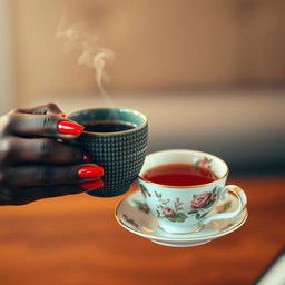 A beautifully composed image featuring a close-up of a black woman's hand with striking red nails gracefully holding a steaming cup of coffee and a delicate teacup
