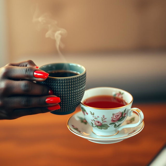 A beautifully composed image featuring a close-up of a black woman's hand with striking red nails gracefully holding a steaming cup of coffee and a delicate teacup