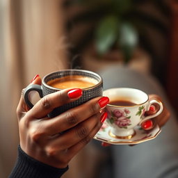A beautifully composed image featuring a close-up of a black woman's hand with striking red nails gracefully holding a steaming cup of coffee and a delicate teacup