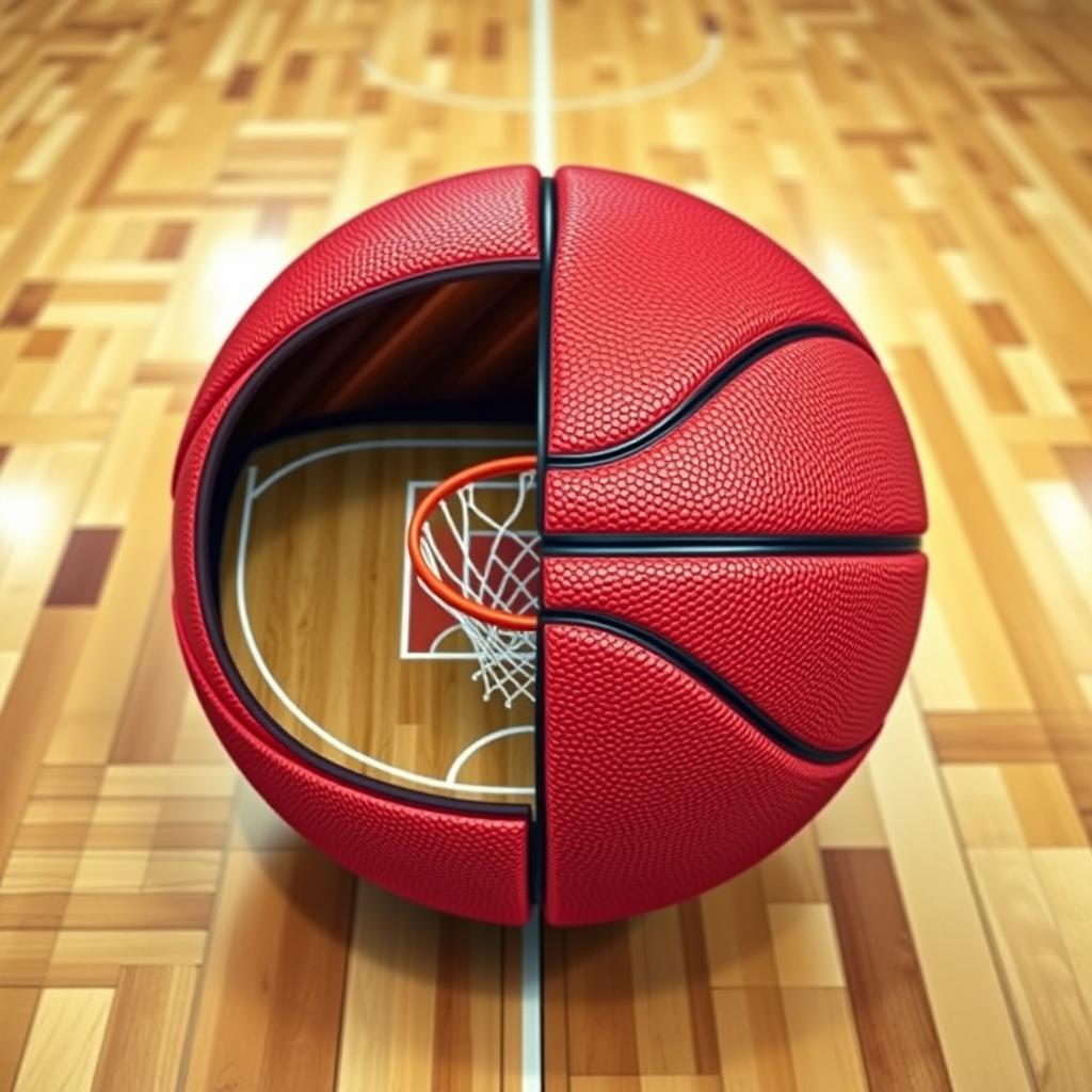 A split basketball, colored in a vibrant shade of red, with one half showcasing an intricate design of a basketball court, complete with a basketball hoop and net inside