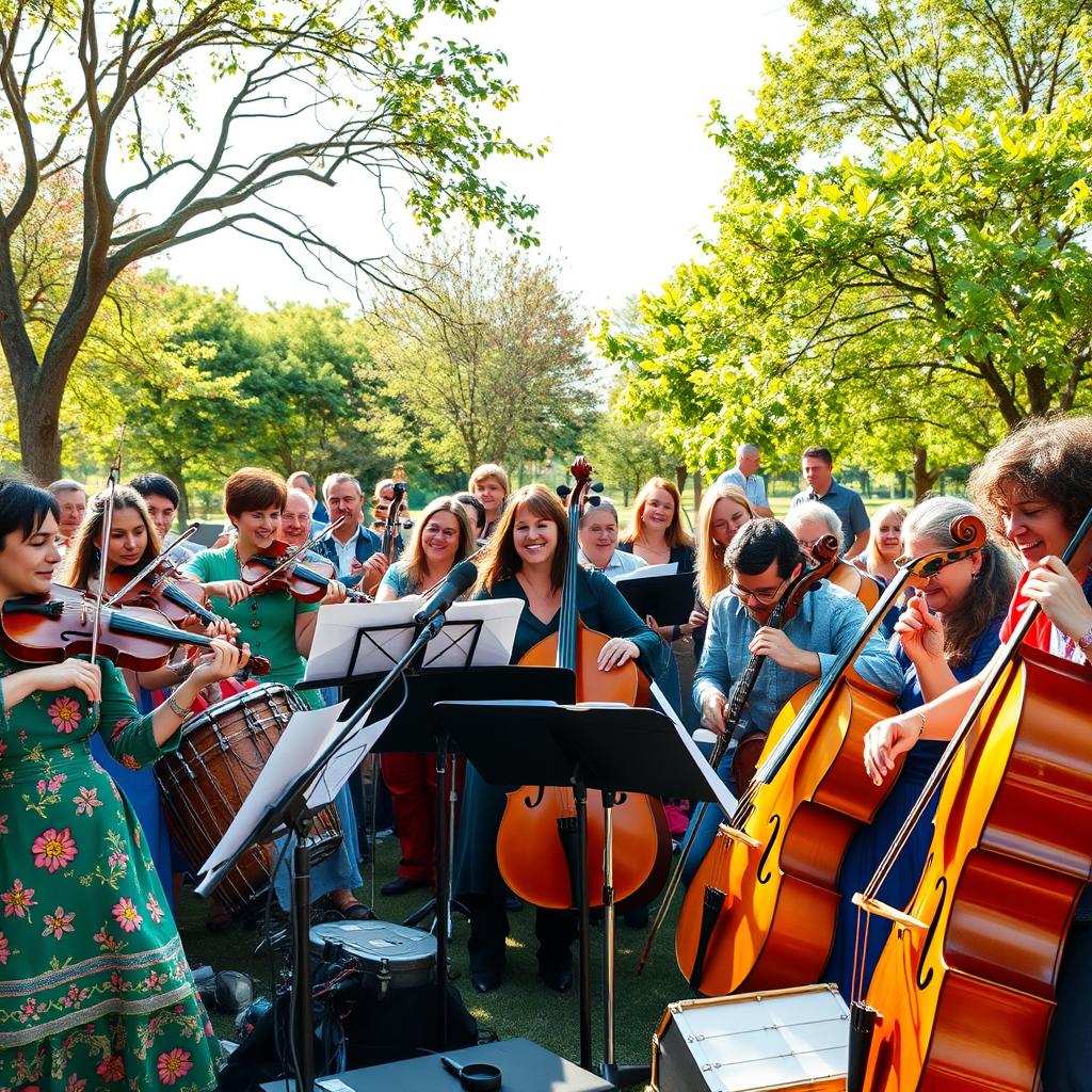 An image of a large and beautiful group of musicians playing various musical instruments in a lively outdoor concert setting