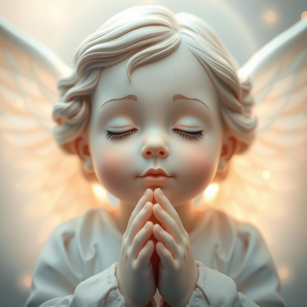 A serene and ethereal angelic face with soft features, eyes closed in a peaceful expression, hands clasped in prayer