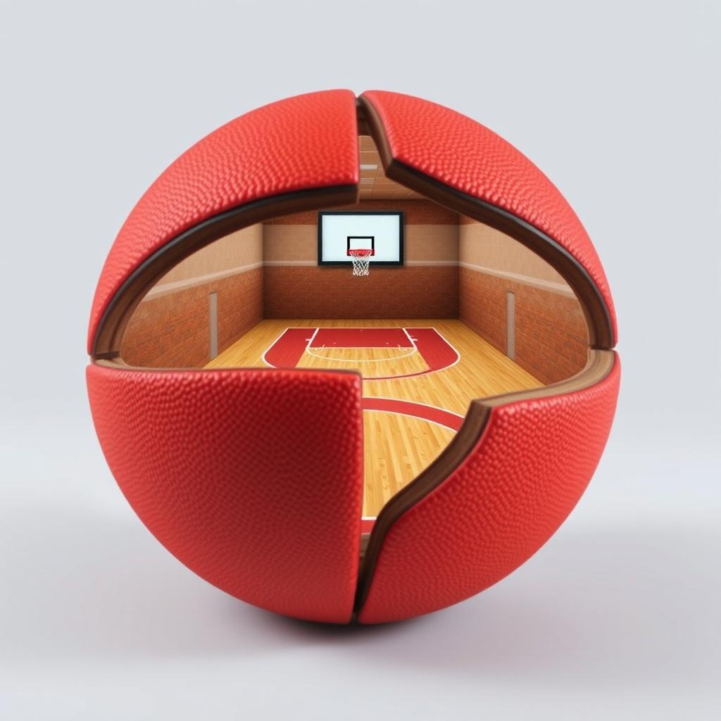 A creatively designed basketball that is split in half, revealing an interior scene of a detailed basketball court, complete with a basketball hoop and net
