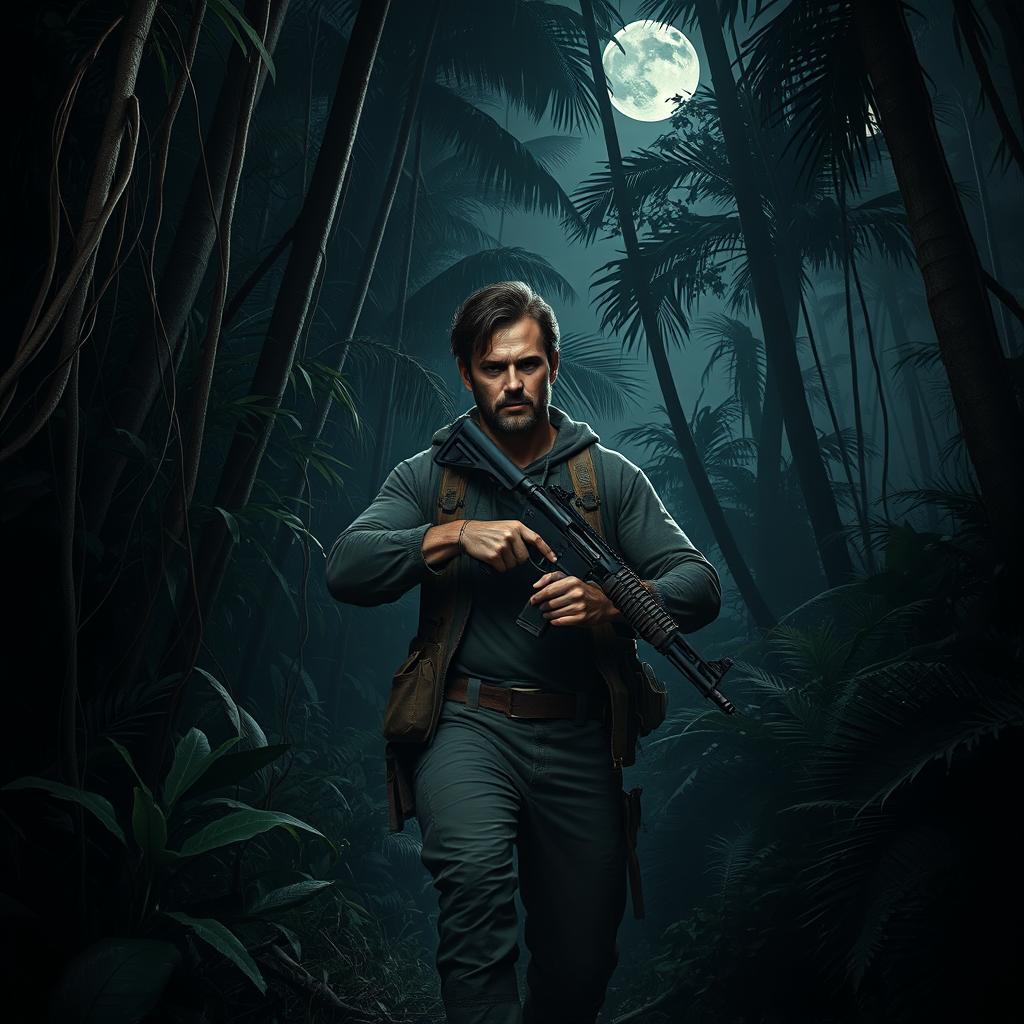 A scene depicting a brave man walking cautiously through a dark, dense jungle